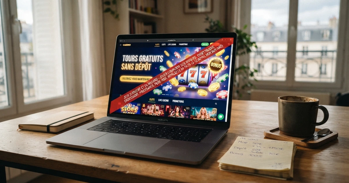 Capture d'écran de la page d'accueil d'un casino en ligne avec une bannière « tours gratuits sans dépôt », barrée d'un avertissement réglementaire