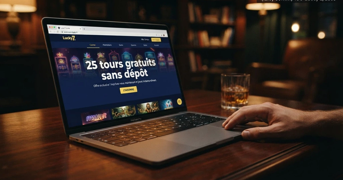 Une bannière promotionnelle affichant « 25 tours gratuits sans dépôt » sur la page d'accueil d'un casino en ligne, avec des machines à sous en arrière-plan