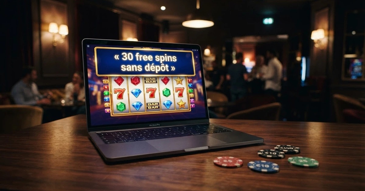 Écran de casino en ligne affichant une promotion « 30 free spins sans dépôt » sur fond de machine à sous colorée