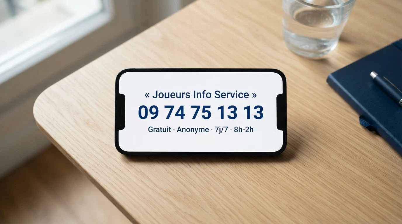 Capture d'écran du site Joueurs Info Service affichant le numéro d'aide 09 74 75 13 13 et les horaires d'ouverture