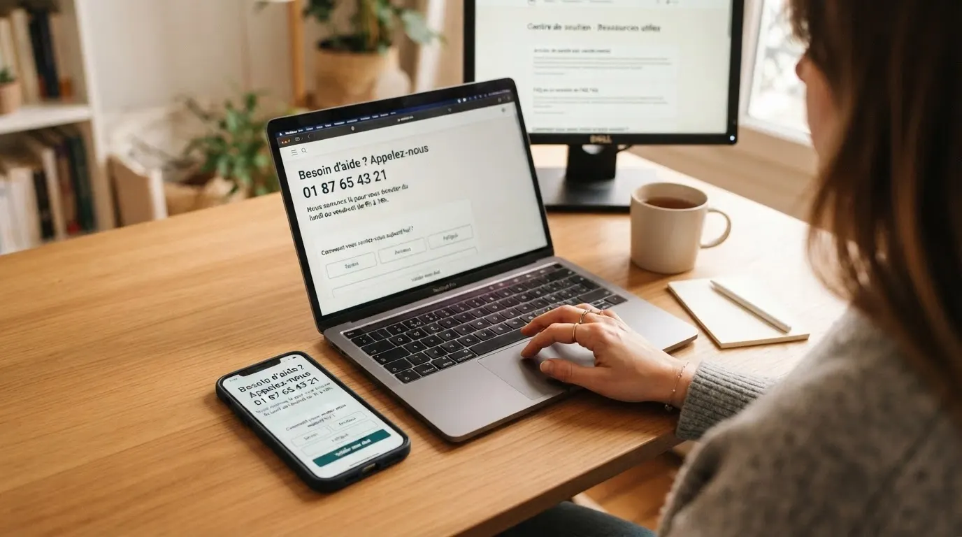 Une main posée sur un clavier, à côté d'un téléphone affichant le numéro de Joueurs Info Service et l'interface d'EVALUJEU sur un second écran.