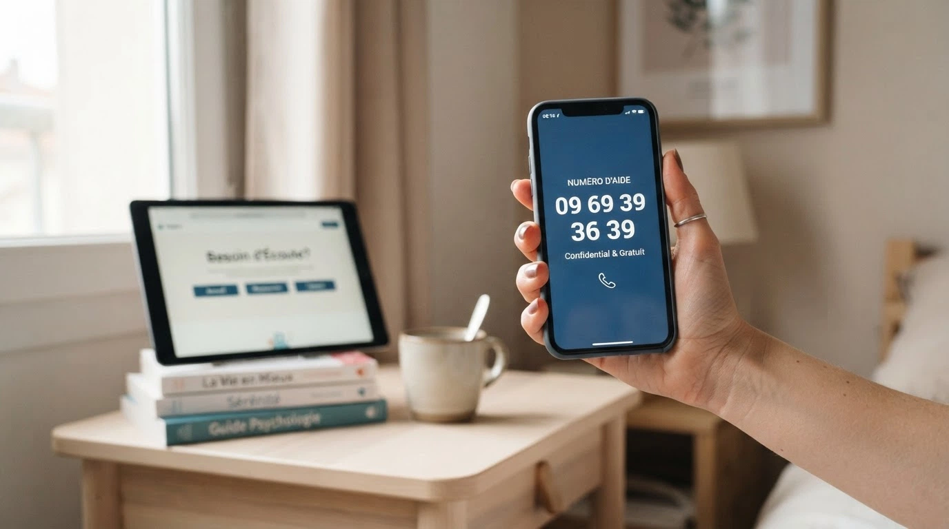 Une composition montrant un téléphone portable avec le numéro de Joueurs Info Service affiché et l'interface du site sosjoueurs.org en arrière-plan.