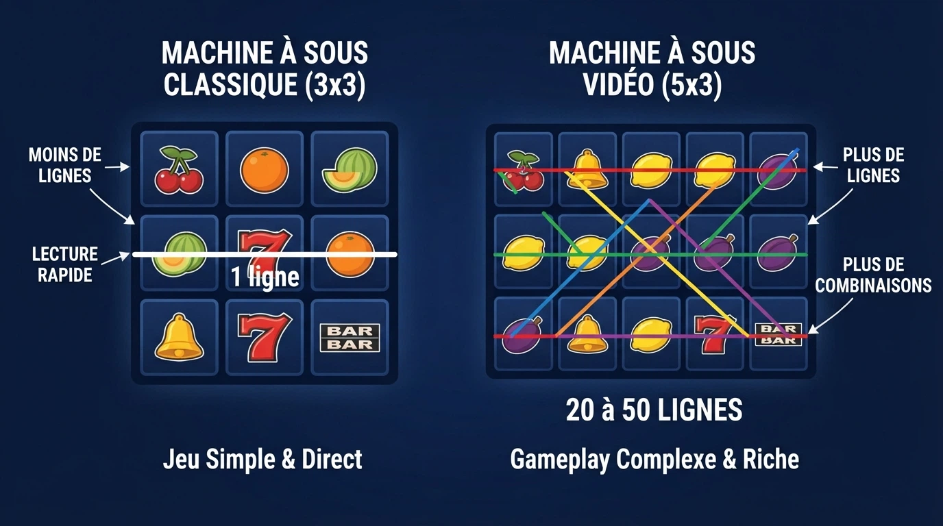 Comparaison schématique d'une grille de machine à sous à 3 rouleaux et d'une grille à 5 rouleaux, avec mise en évidence des lignes de paiement