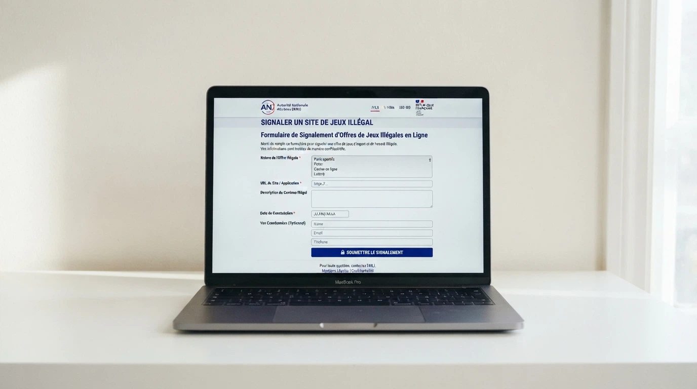 Interface du site de l'ANJ montrant la page de signalement d'une offre illégale de casino en ligne