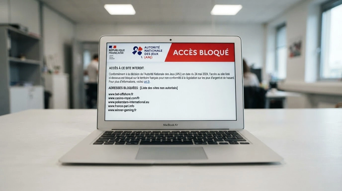 Une capture d'écran du site anj.fr montrant la page de l'offre illégale avec le bandeau d'avertissement officiel de l'ANJ