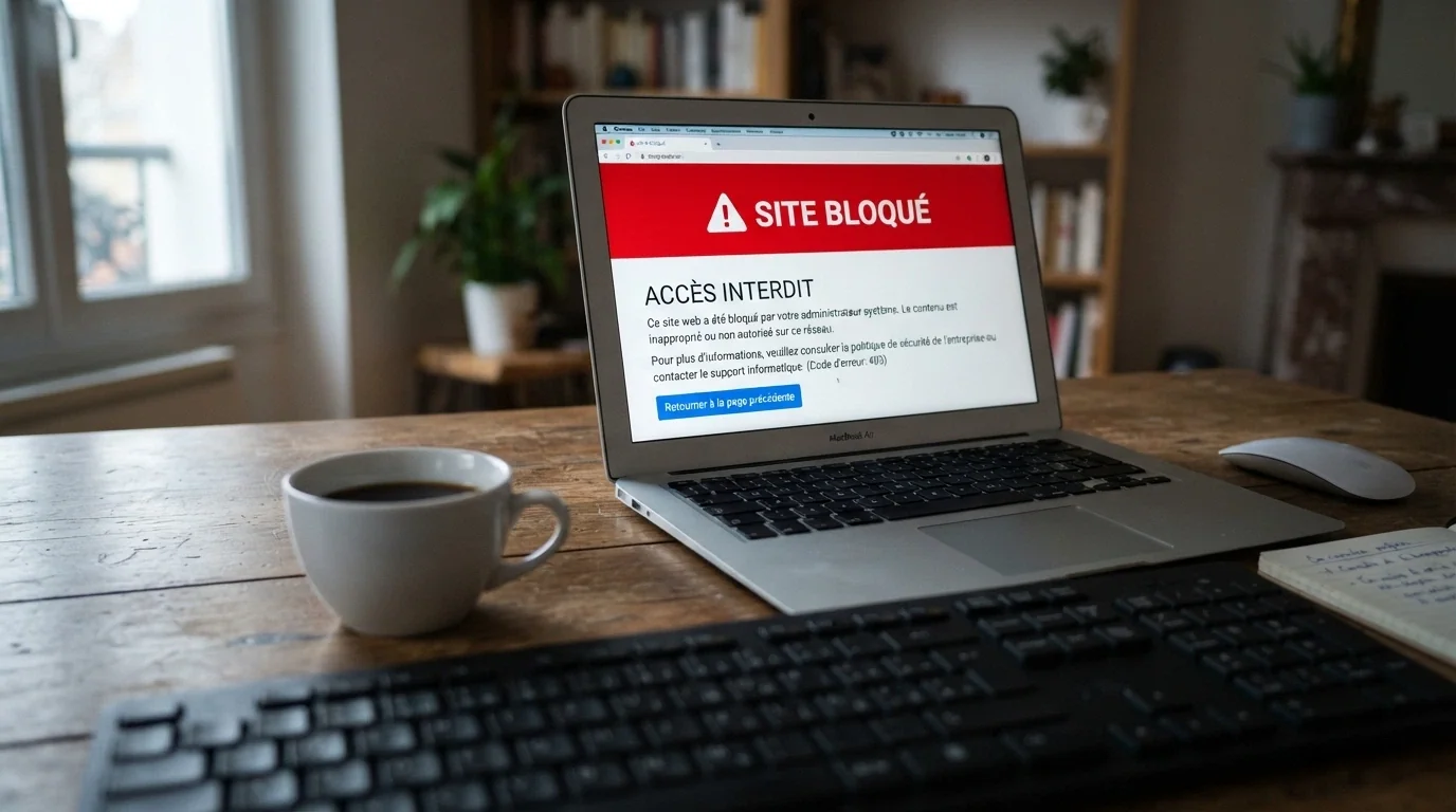 Écran d'ordinateur affichant une page de l'ANJ avec un bandeau d'avertissement « site bloqué », clavier et tasse de café en avant-plan