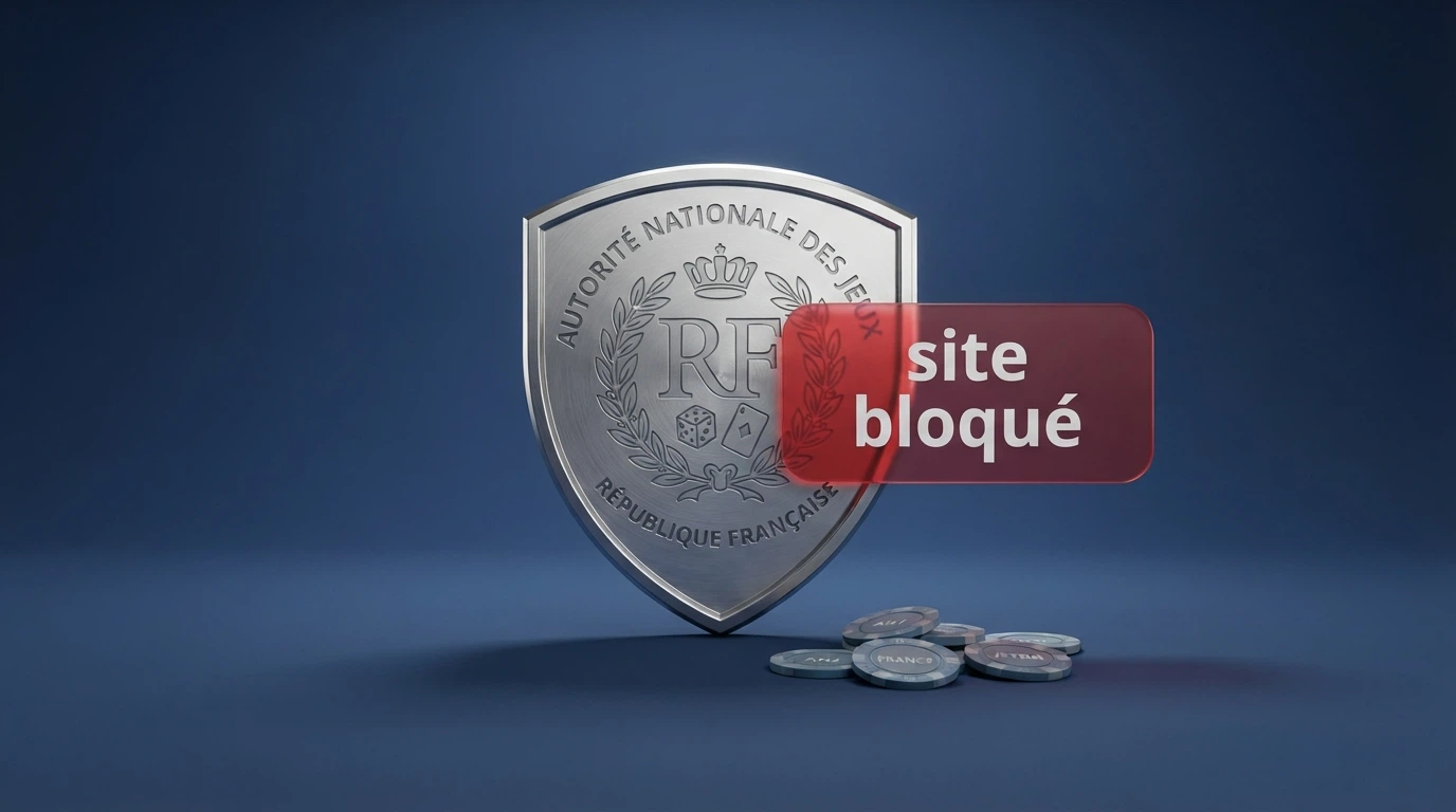 Le logo de l'Autorité nationale des jeux sur fond institutionnel, avec la mention « site bloqué » juxtaposée