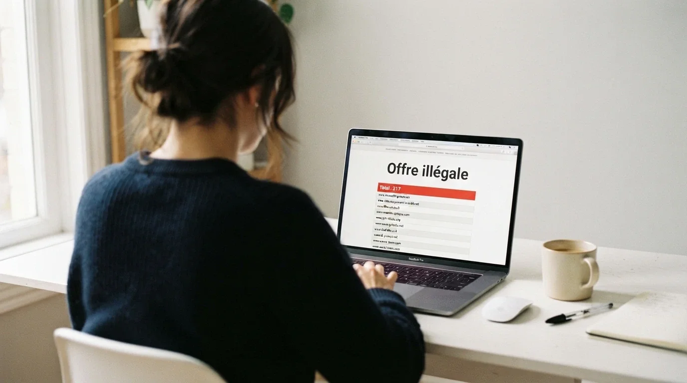 Capture d'écran du site anj.fr montrant la page « L'offre illégale », le logo de l'ANJ visible, liste partielle de sites bloqués