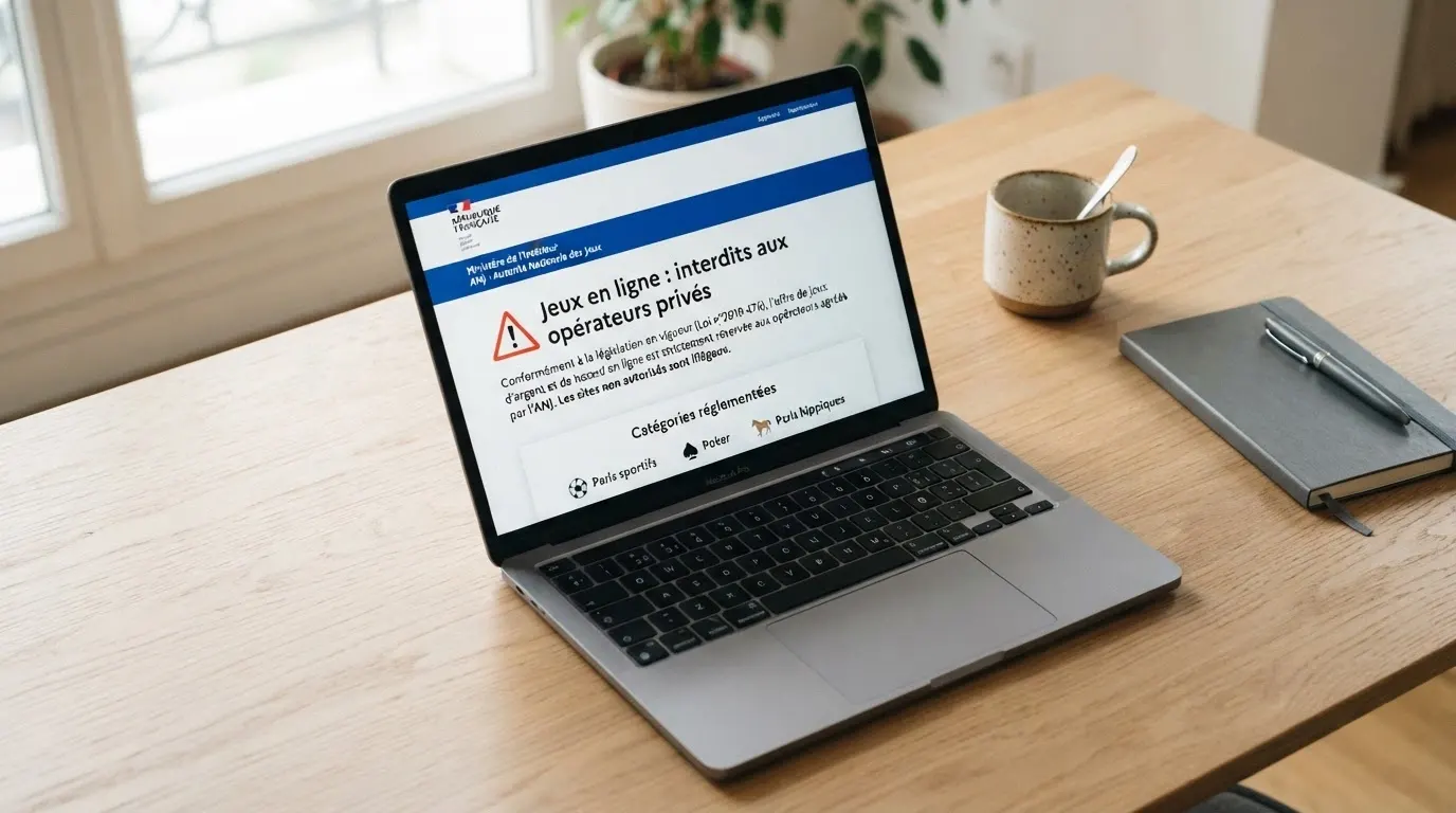 Page d'accueil du site de l'ANJ avec son bandeau d'information sur les risques des casinos en ligne illégaux et le cadre légal français.