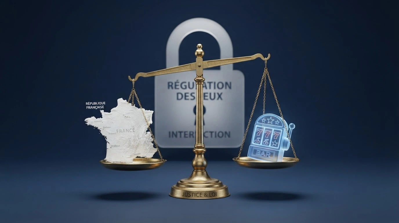 Le logo de l'ANJ accompagné d'une carte de France et d'une balance symbolisant la régulation des jeux d'argent