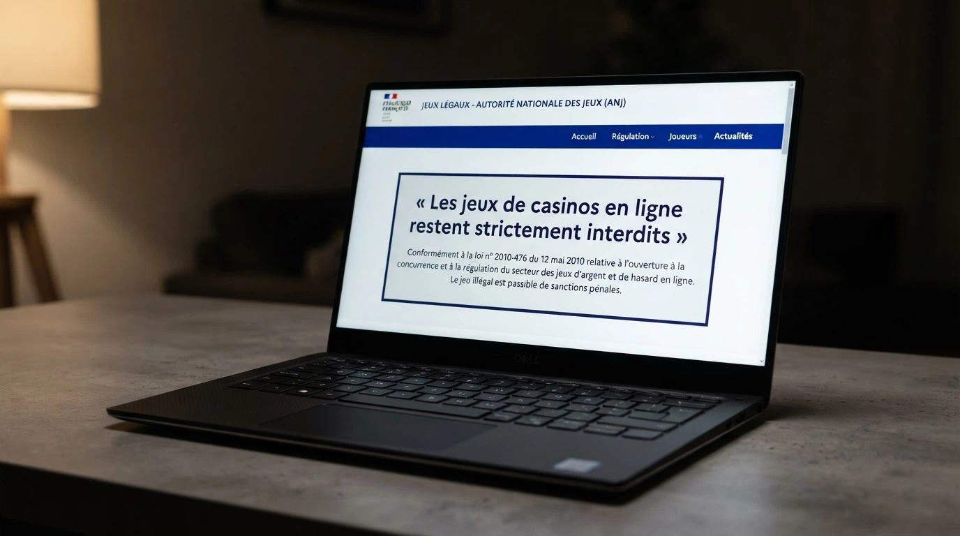 Capture d'écran du site officiel de l'ANJ avec la mention « Les jeux de casinos en ligne restent strictement interdits » mise en évidence sur la page.