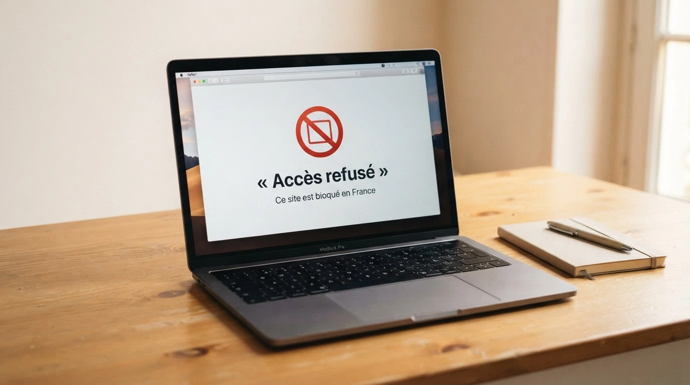 Une capture du site officiel de l'ANJ montrant la mention de l'interdiction des jeux de casino en ligne, à côté d'un écran de casino bloqué.