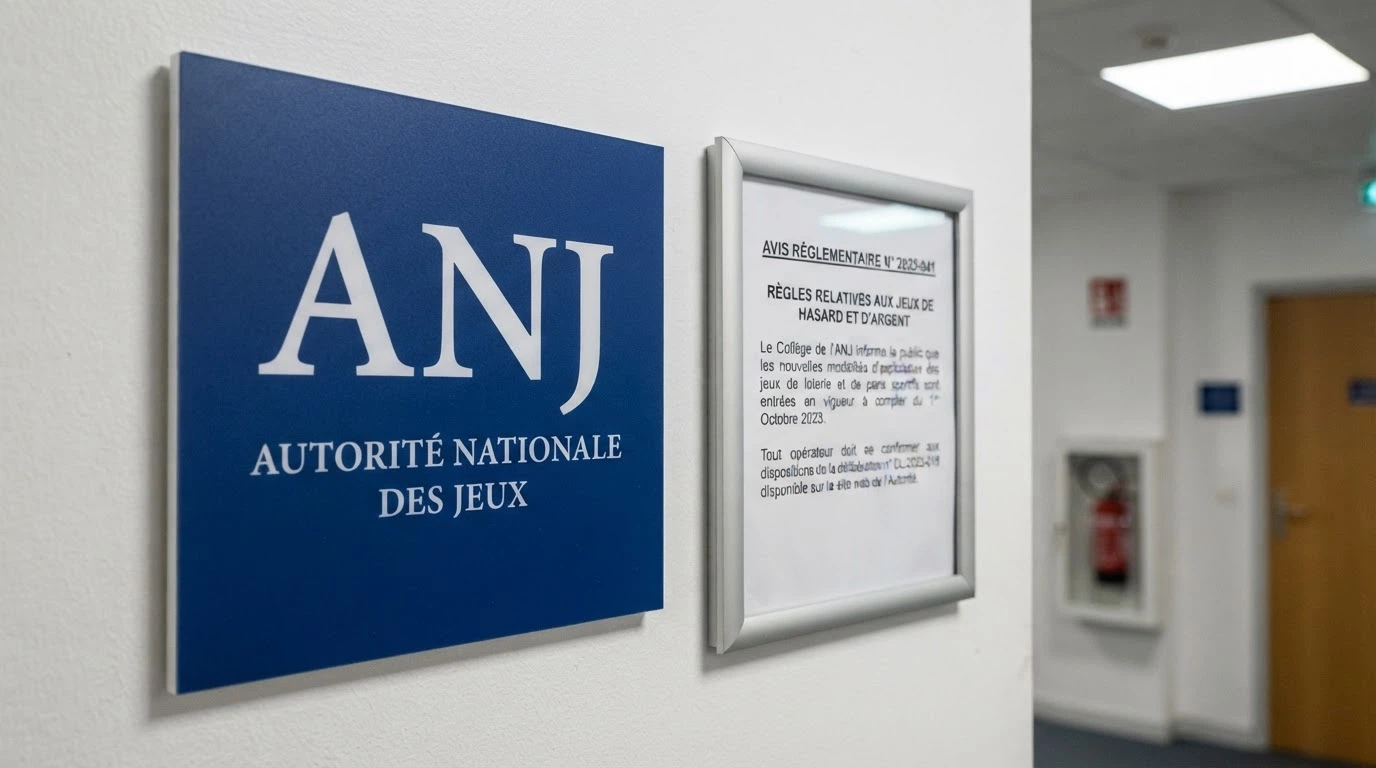 Le logo de l'Autorité nationale des jeux sur un fond institutionnel bleu, à côté d'un texte réglementaire