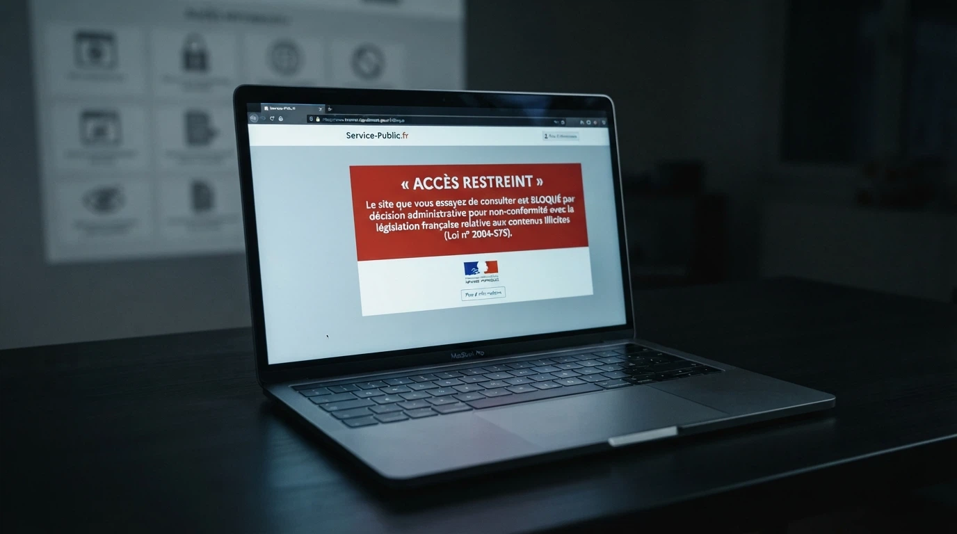 Capture d'écran stylisée d'une page de blocage ANJ sur fond de logos de casinos offshore grisés, illustrant la lutte des autorités contre l'offre illégale.