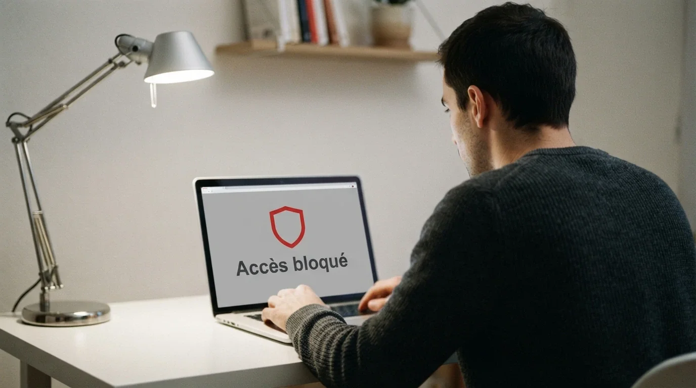Le logo de l'ANJ et l'interface d'un site bloqué signalant son inaccessibilité en France