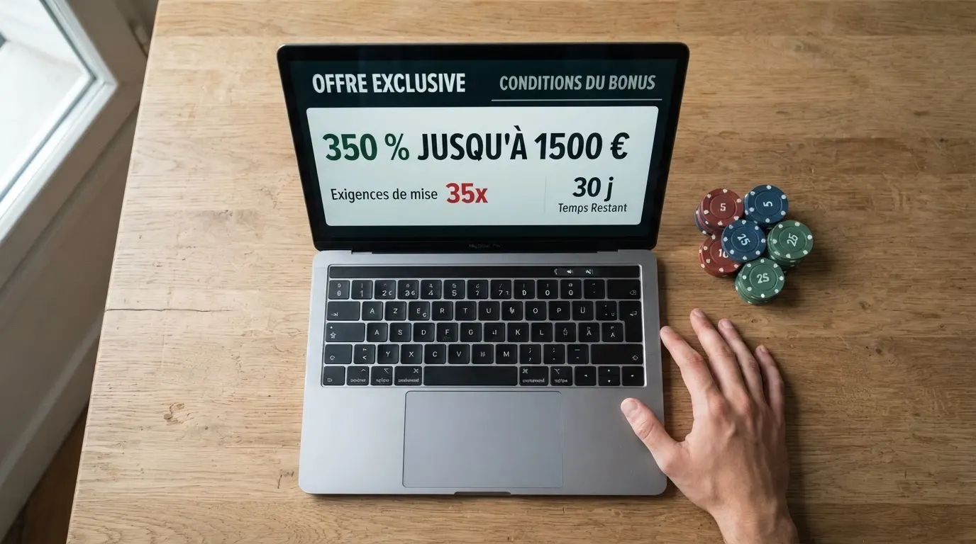 Capture d'écran des conditions de mise d'un bonus de casino en ligne, avec multiplicateur et délai