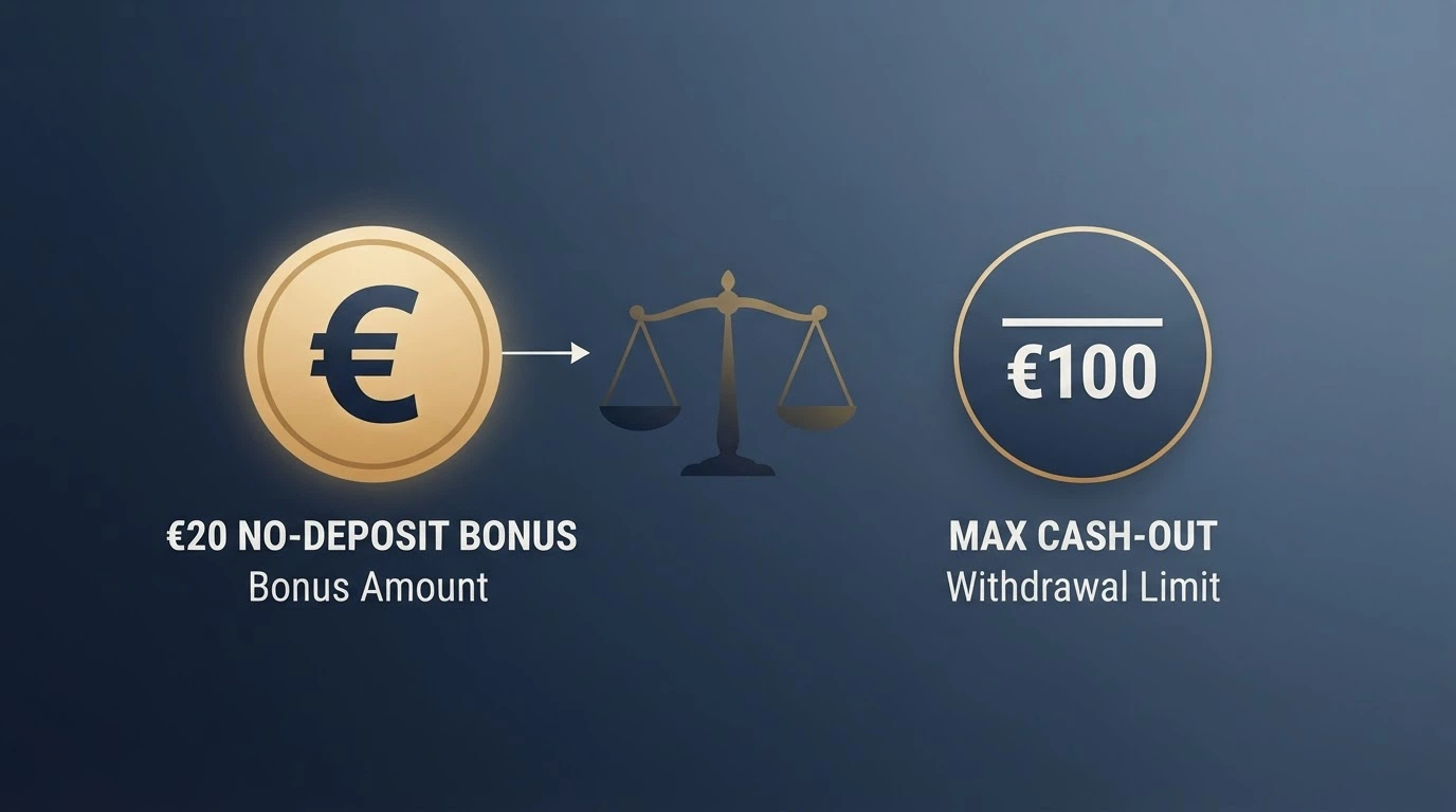 Illustration comparative montrant le montant facial d'un bonus sans dépôt et le plafond de retrait qui le réduit, avec une balance symbolique