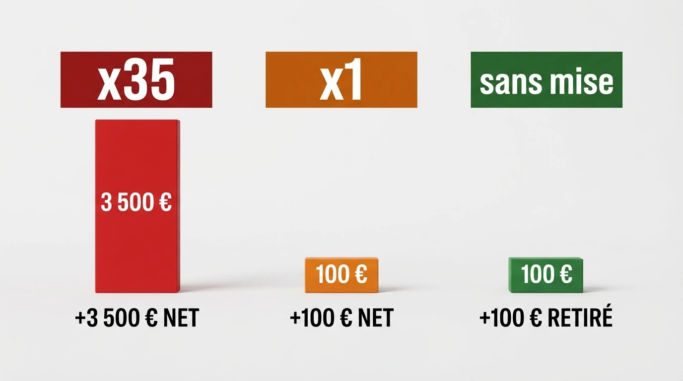 Trois colonnes comparant un bonus classique à wager x35, un bonus à wager x1 et un bonus sans mise, avec le montant net retirable pour chaque cas.