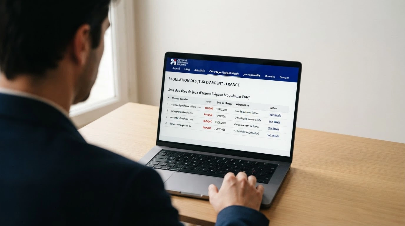 Capture d'écran partielle du site anj.fr montrant l'onglet « Offre de jeu légale et illégale » et la liste noire des sites bloqués