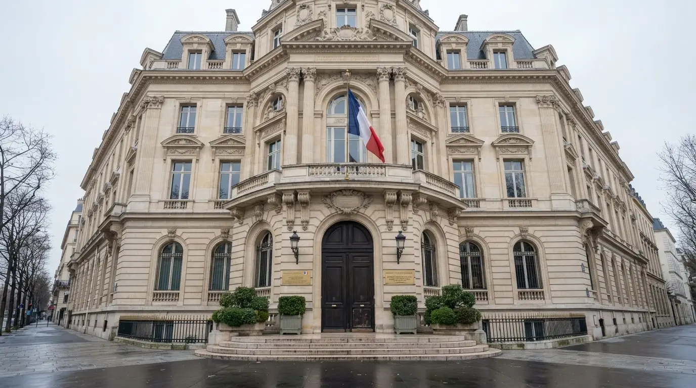 La façade du siège de l'ANJ à Paris, avec le drapeau français et le logo de l'Autorité nationale des jeux visibles