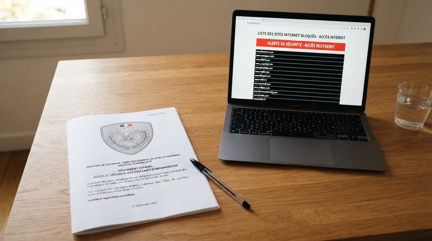 Document officiel au logo de l'ANJ posé sur un bureau, à côté d'un écran affichant la liste des sites bloqués
