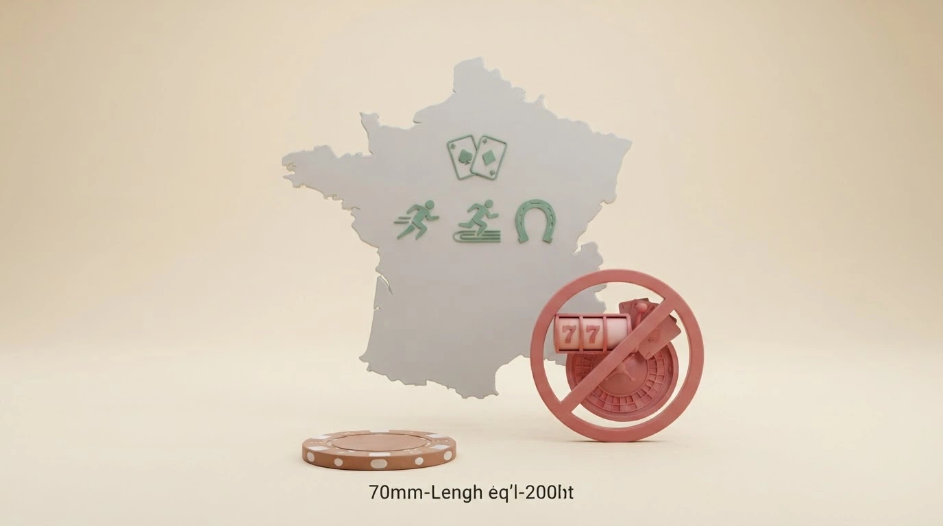 Une carte de la France avec des pictogrammes représentant les jeux autorisés en ligne (poker, paris sportifs, hippiques) et une croix rouge sur les machines à sous et la roulette.