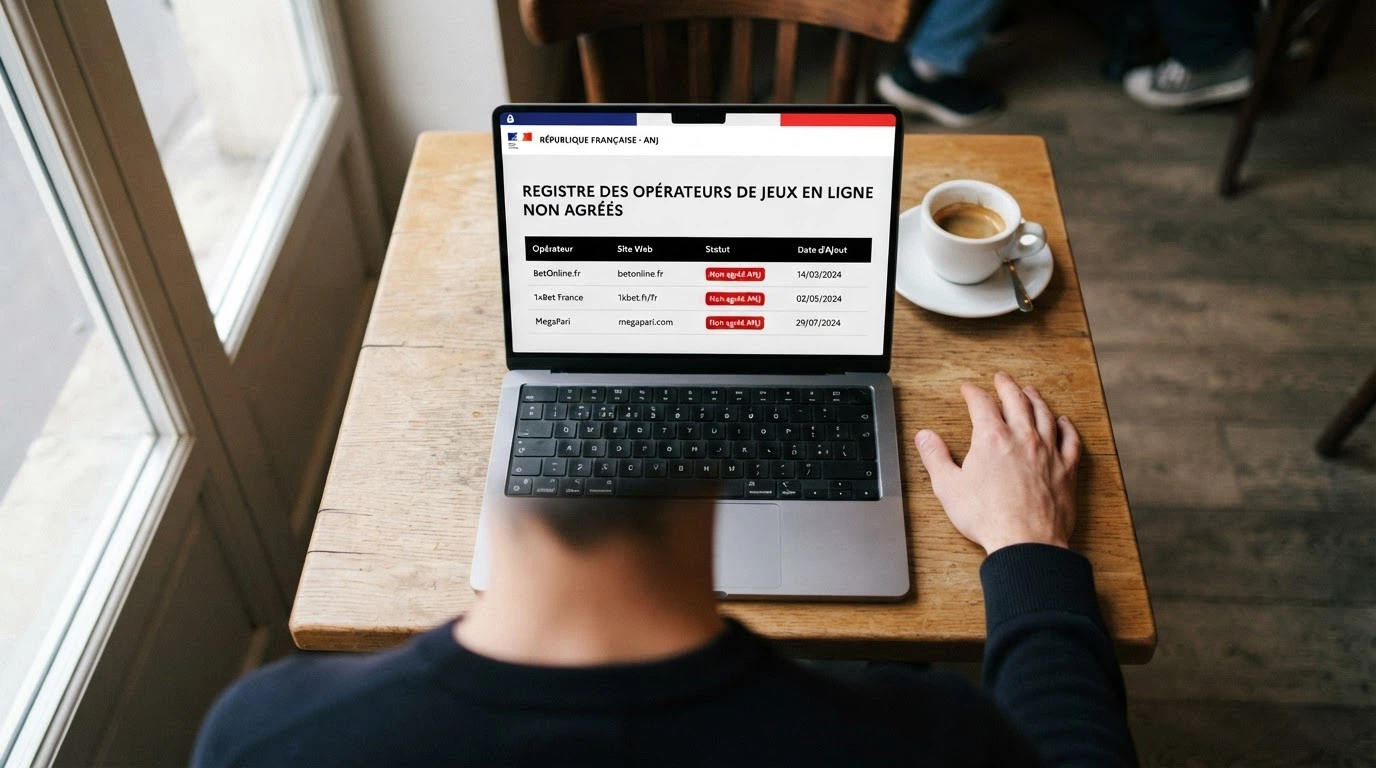 Page d'accueil du site de l'ANJ avec le registre des opérateurs agréés ouvert, un cadenas et le drapeau français en filigrane