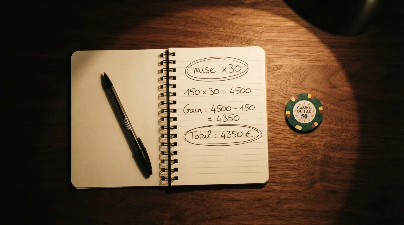 Une calculatrice posée sur un carnet où sont notés des chiffres et le mot « wager x30 », un jeton de casino à côté, éclairage tamisé