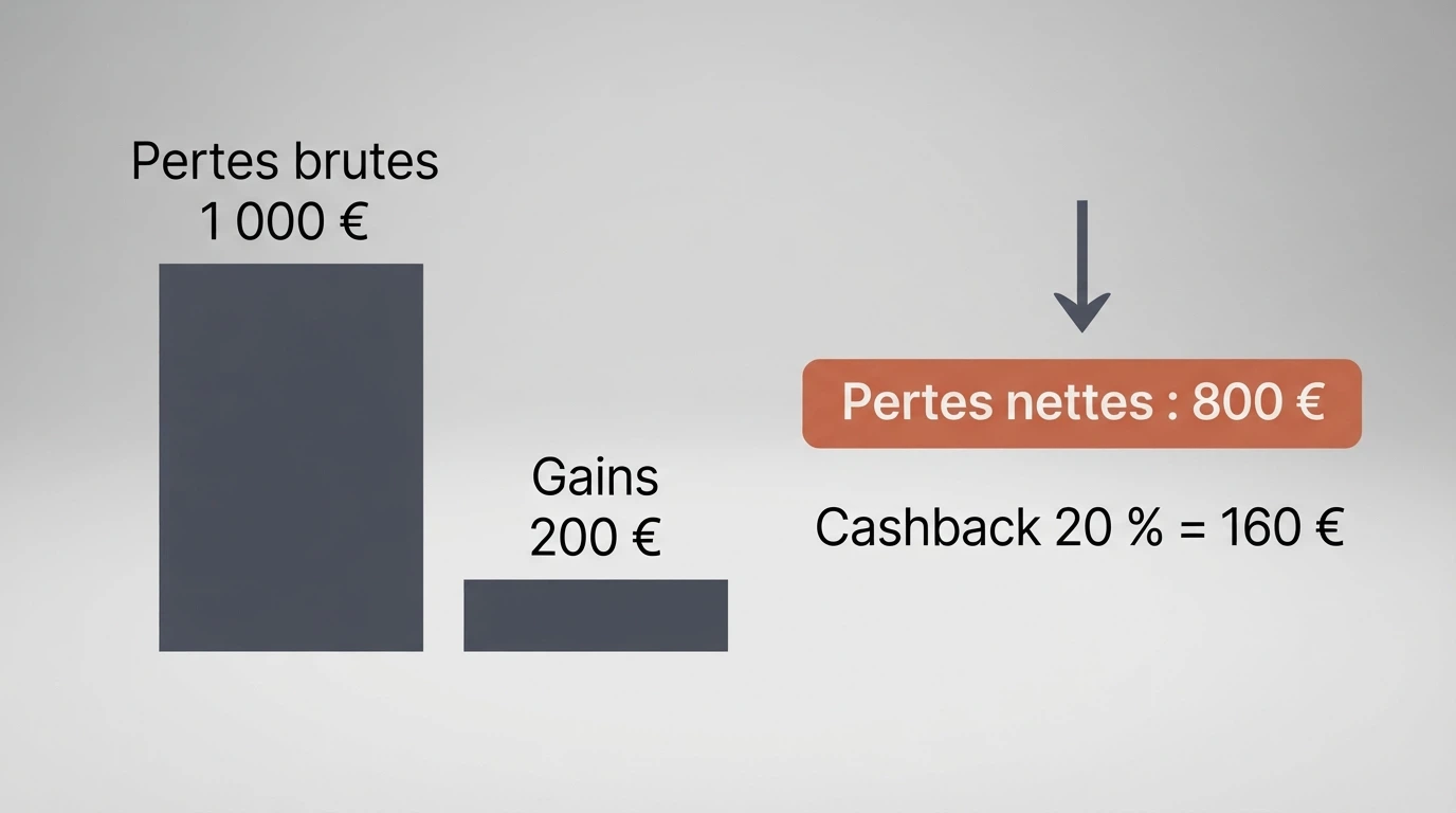Schéma expliquant le calcul du cashback : pertes brutes moins gains, multipliées par le pourcentage de remboursement