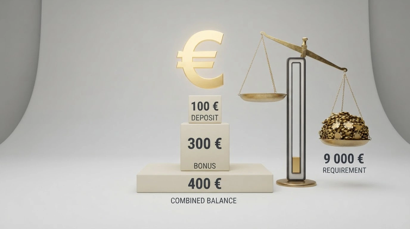 Une illustration comparant un dépôt de 100 €, un bonus de 300 € et un compteur de mises restantes avant déblocage, avec une balance déséquilibrée