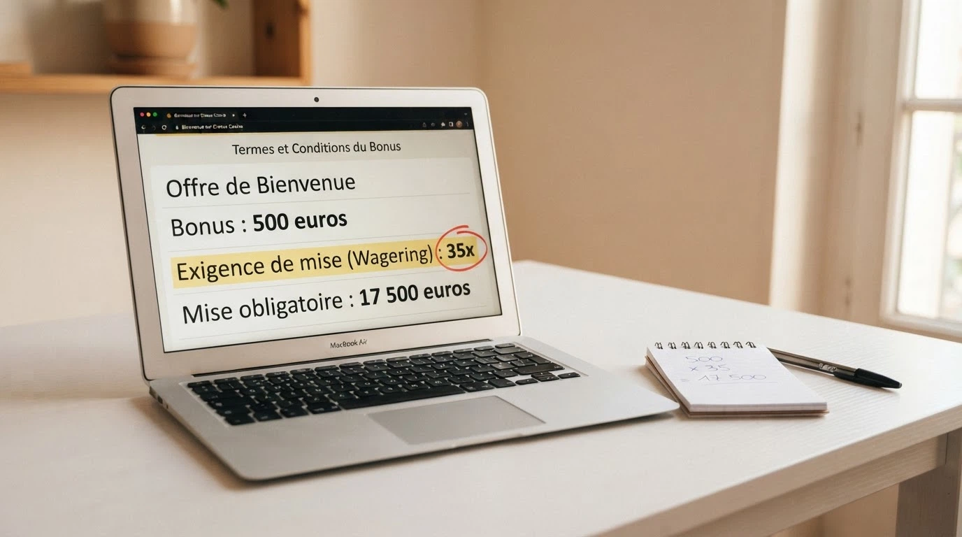 Une capture d'écran des conditions de bonus d'un casino en ligne, avec le multiplicateur de wager surligné.