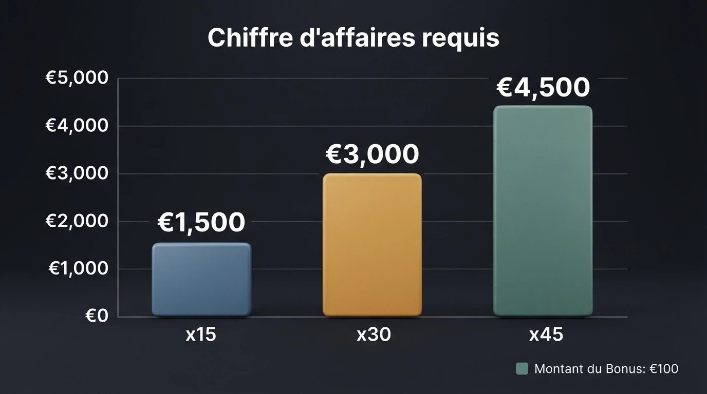 Schéma comparatif montrant le chiffre d'affaires requis pour débloquer un bonus de 100 € selon trois niveaux de wagering (x15, x30, x45)