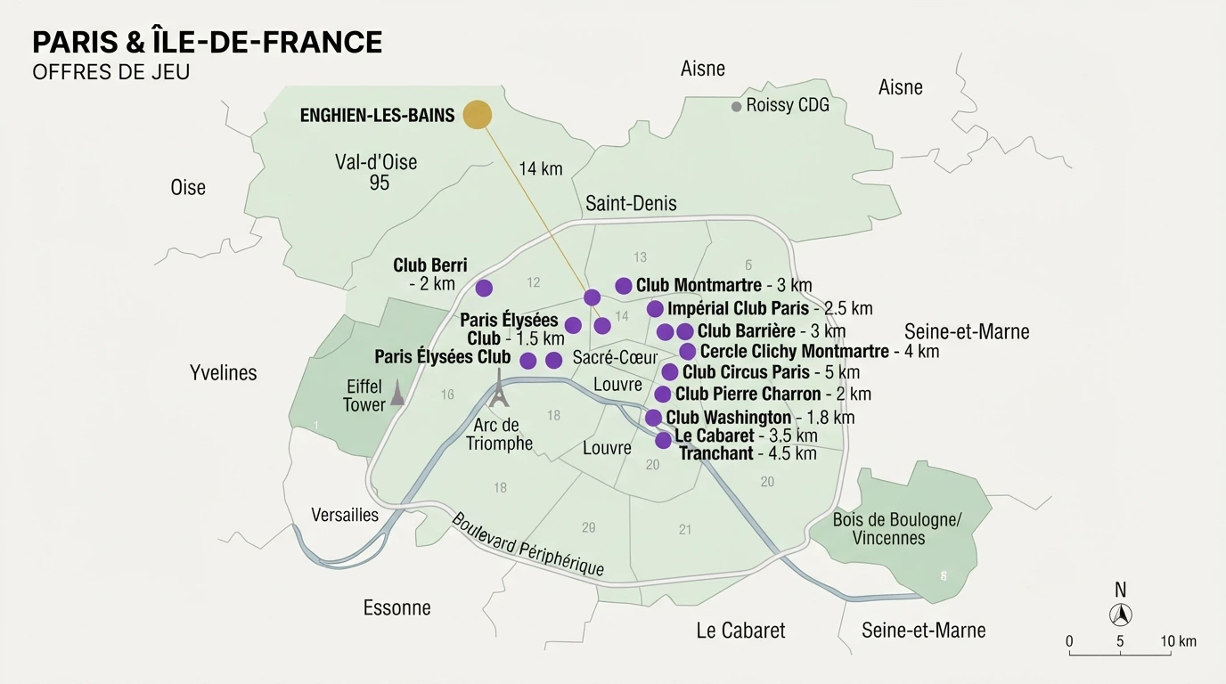 Carte simplifiée de Paris et de l'Île-de-France avec des points indiquant la position des clubs de jeux parisiens et du casino d'Enghien-les-Bains