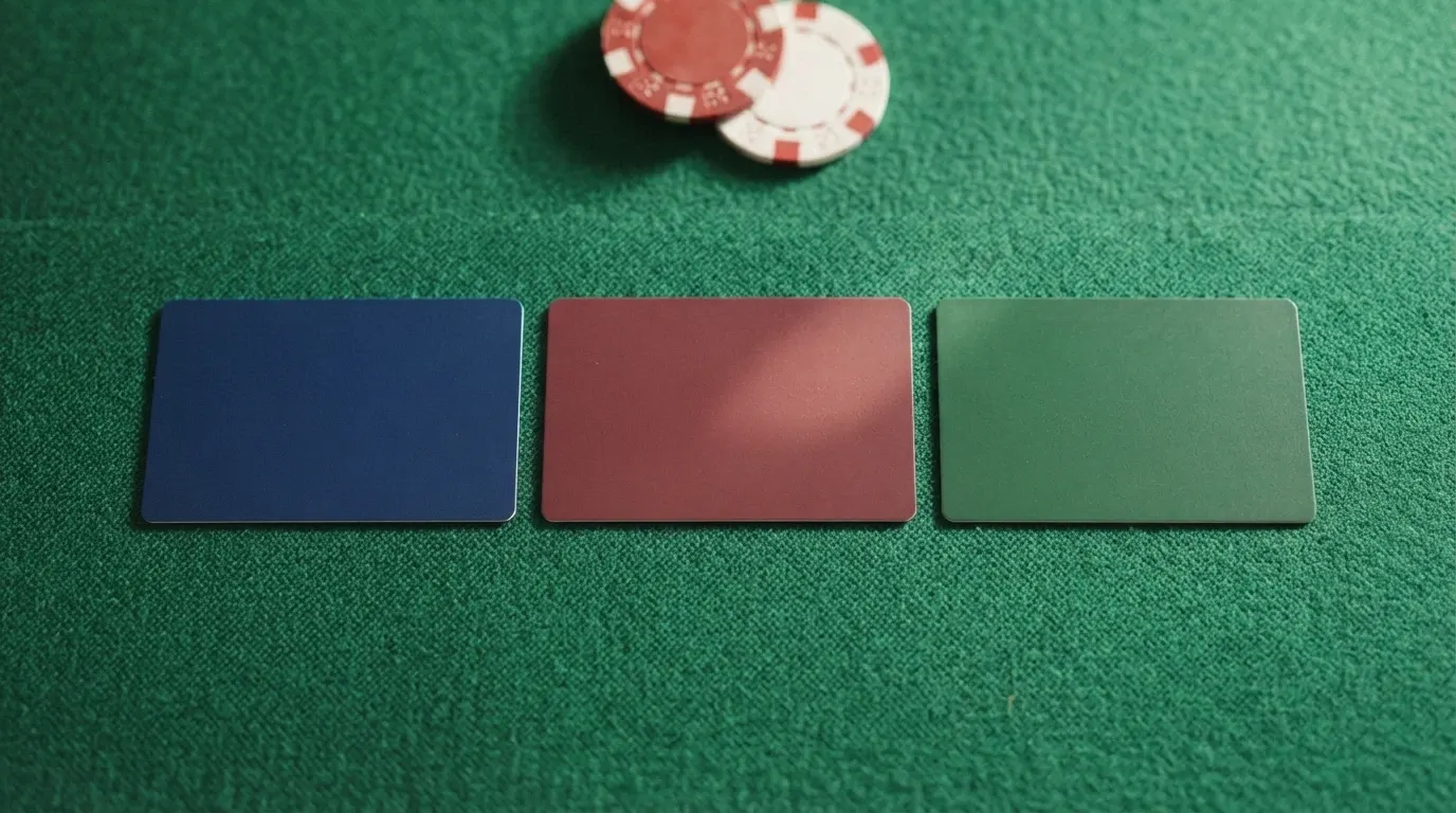 Les trois cartes de fidélité des groupes Barrière, Partouche et JOA alignées côte à côte sur un tapis de jeu