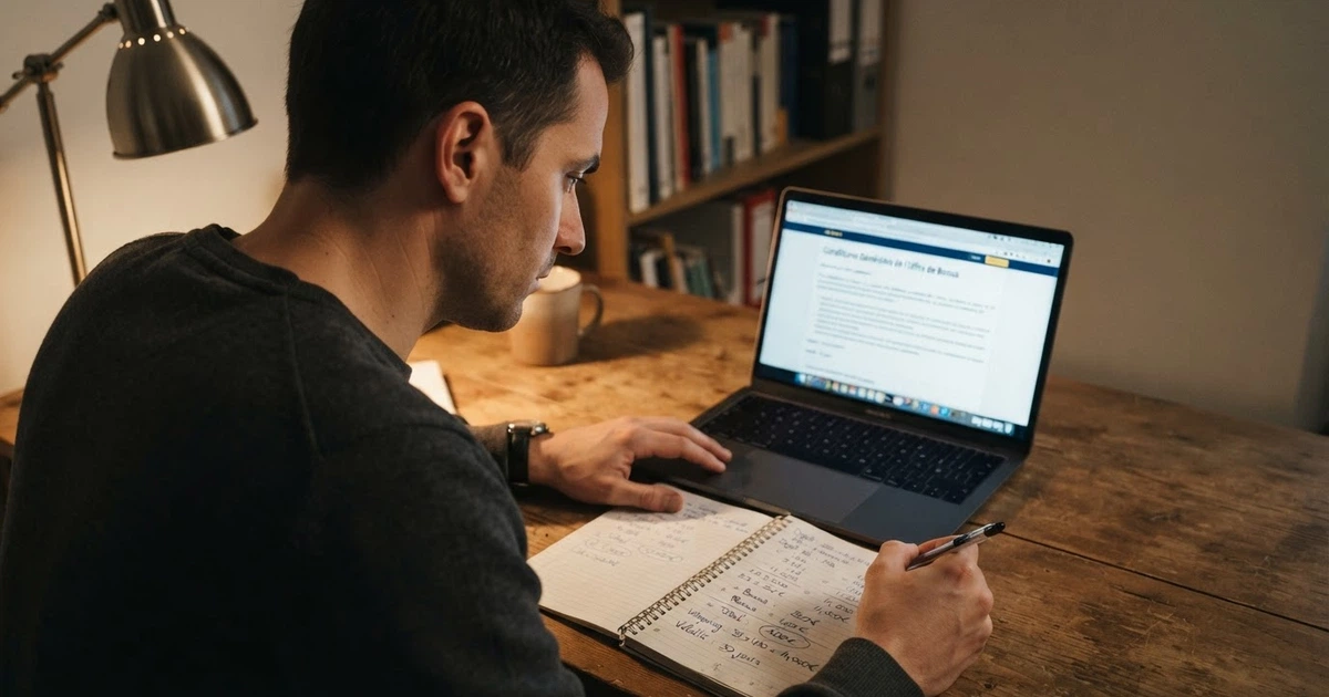 Un joueur consulte une page de conditions de bonus sur l'écran d'un ordinateur portable, une calculatrice et un stylo posés à côté, l'air concentré