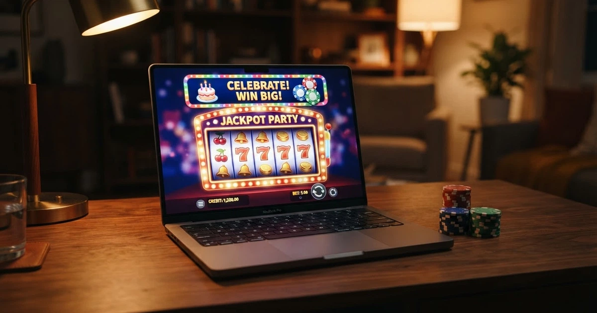 Une interface de casino en ligne affichant une bannière de bonus d'anniversaire avec un gâteau et des jetons
