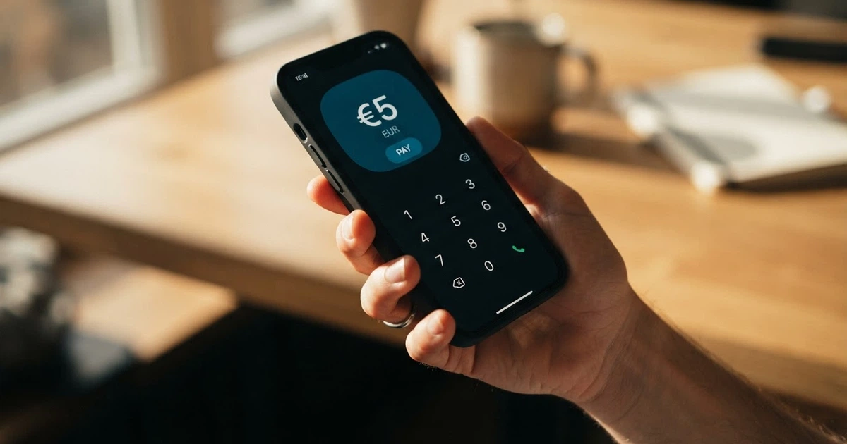Un smartphone affichant l'écran de dépôt d'un casino en ligne avec le montant de 5 € sélectionné