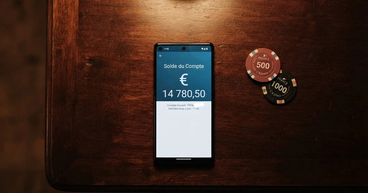 Écran partagé : d'un côté l'interface d'un virement bancaire SEPA sur un téléphone, de l'autre la page d'accueil d'un casino en ligne affichant un dépôt minimum de 10 euros