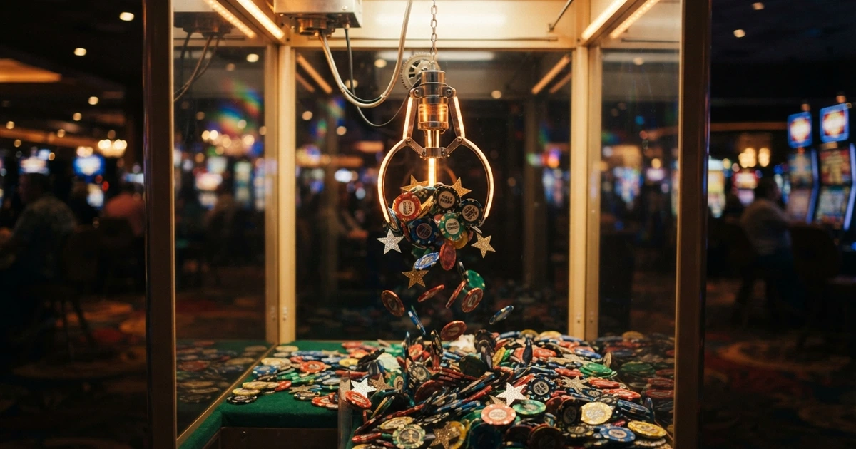 Une pince mécanique numérique saisissant des pièces et des symboles de récompense au-dessus d'un tapis de casino en ligne illuminé