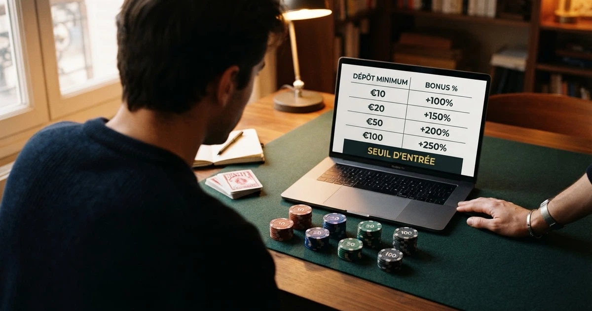 Comparaison de casinos en ligne affichant leurs dépôts minimum, bonus et conditions sur un écran, avec des jetons et des billets de 5, 10 et 20 euros disposés devant