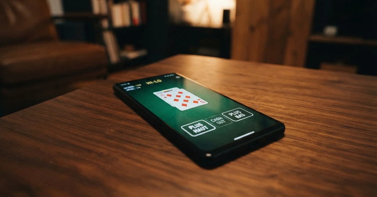 Une table de jeu de hi-lo en ligne affichant une carte tirée face visible, les trois boutons de décision (plus haut, plus bas, égal) et le multiplicateur de gain à l'écran