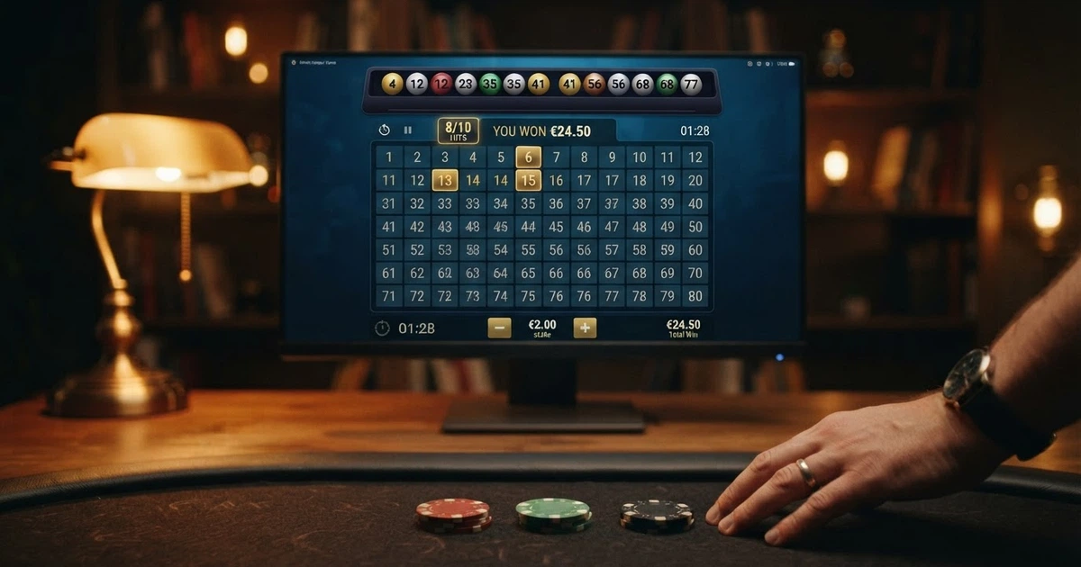 Une grille de keno avec des numéros sélectionnés, des jetons et un écran de tirage en arrière-plan