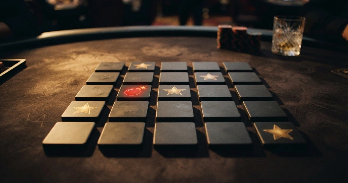 Une grille 5×5 du jeu de mines avec des étoiles dorées sur les tuiles sûres retournées et une bombe rouge révélée sur une tuile