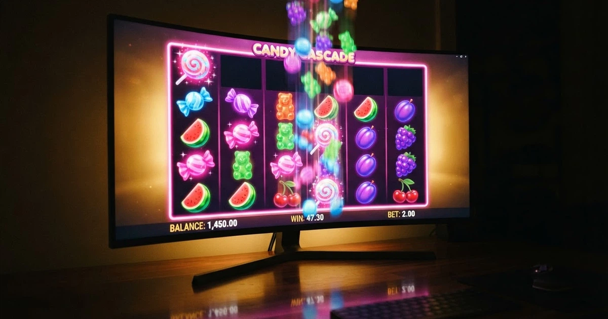 Une grille de machine à sous Sweet Bonanza affichant des symboles de bonbons colorés et de fruits sur fond rose, avec l'indicateur de mise et de gain visible
