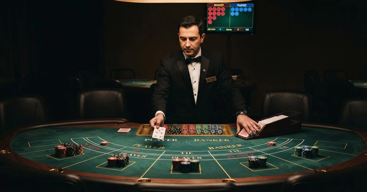 Une table de baccarat live filmée en plan large, avec un croupier en tenue professionnelle distribuant les cartes devant un décor de casino, écran de score affiché en arrière-plan