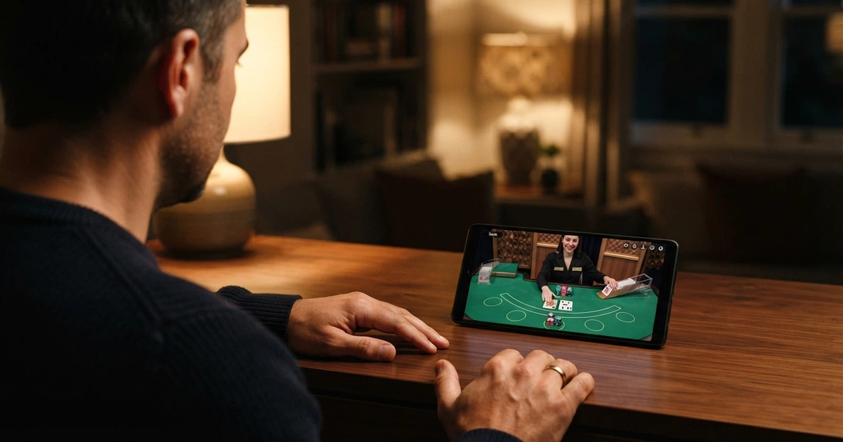 Interface d'une table de blackjack en direct avec croupier, cartes et jetons visibles à l'écran