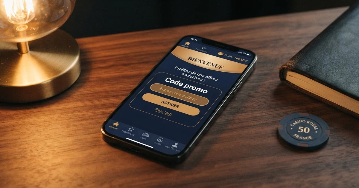Champ de saisie d'un code promotionnel sur l'interface d'un casino en ligne, avec une offre de bonus de bienvenue affichée en bannière