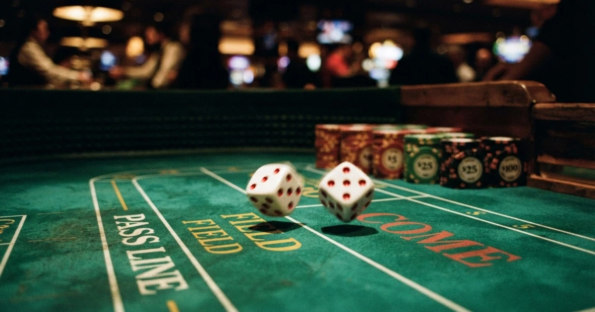 Deux dés blancs à points rouges sur un tapis de craps vert, avec des jetons de casino empilés en arrière-plan