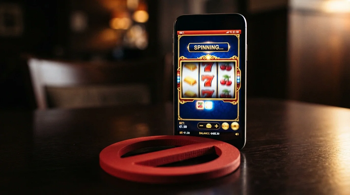 Panneau d'interdiction et écran de casino en ligne, symbolisant l'illégalité des jeux de casino en France