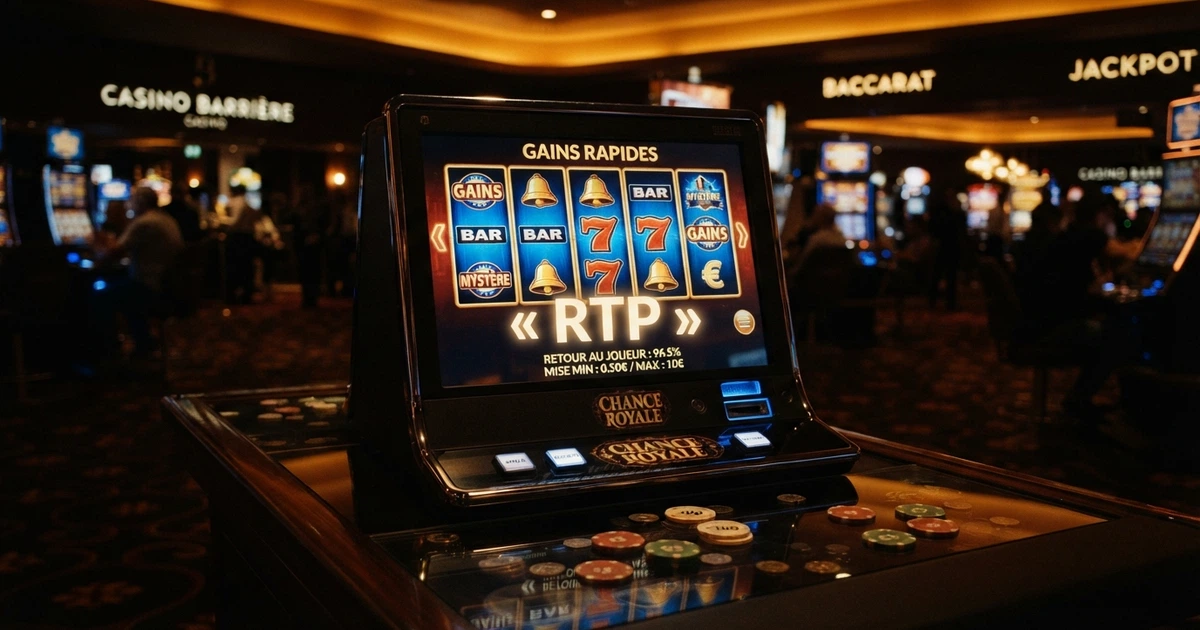 Interface de casino en ligne avec rouleaux de machine à sous, jetons et l'inscription « RTP » en surimpression sur un fond sombre